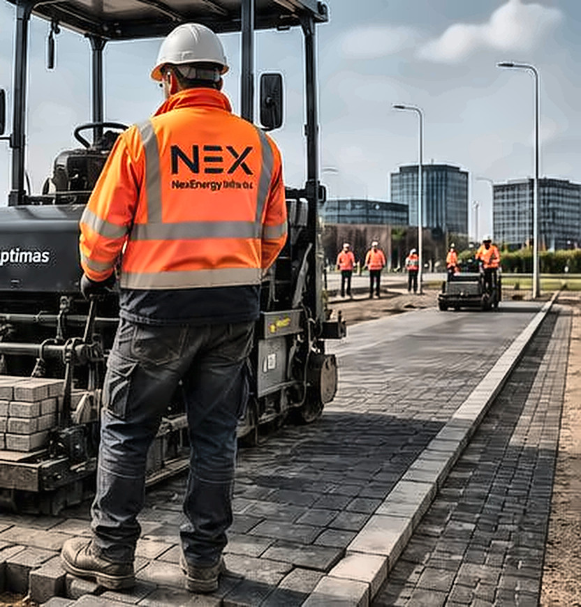 Medewerker van NexEnergy Infra bedient een machinale straatmachine bij nieuw aangelegde bestrating